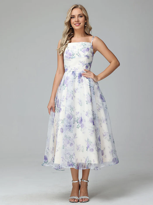 Cute A-Line Spaghetti Straps Floral Printed Tea Length Bridesmaid Dresses