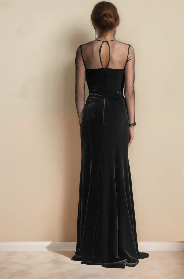 Elegant Velvet tulle mesh long sleeves vintage Black Velvet Dress slit