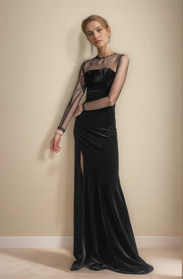 Elegant Velvet tulle mesh long sleeves vintage Black Velvet Dress slit