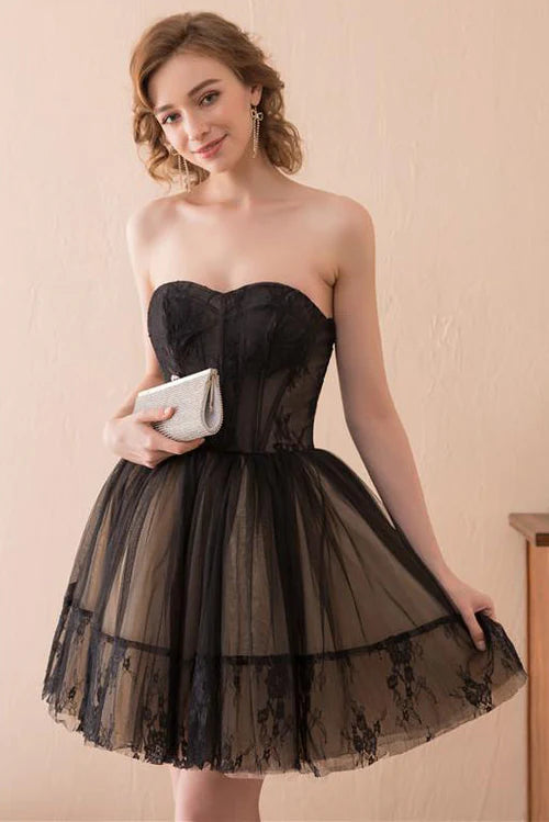 Black A line Strapless Tulle Homecoming Dress