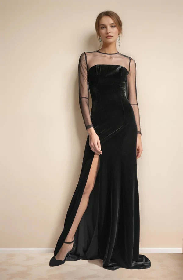 Elegant Velvet tulle mesh long sleeves vintage Black Velvet Dress slit