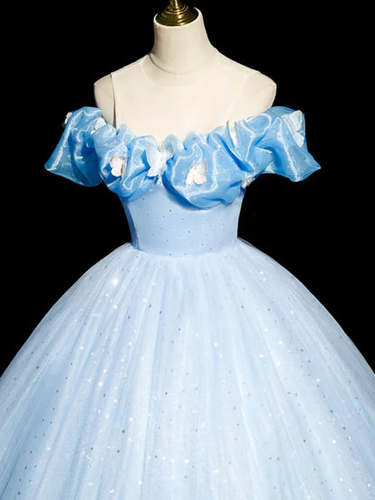 Glitter A-Line Off Shoulder Tulle Quinceanera Dress Blue Long Prom Dress