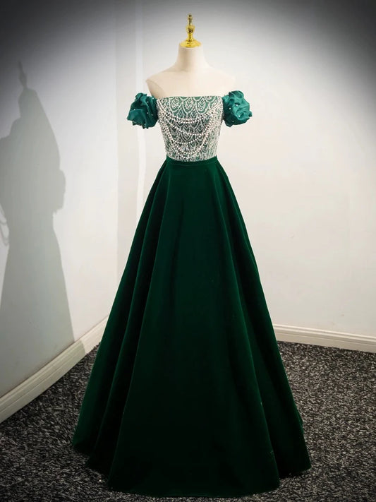 A-Line Velvet Sequin Beads Green Long Prom Dress Evening Dress