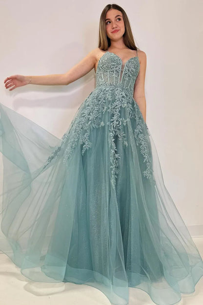 Sweetheart Spaghetti Straps Tulle A-Line Long Prom Dresses with Appliques