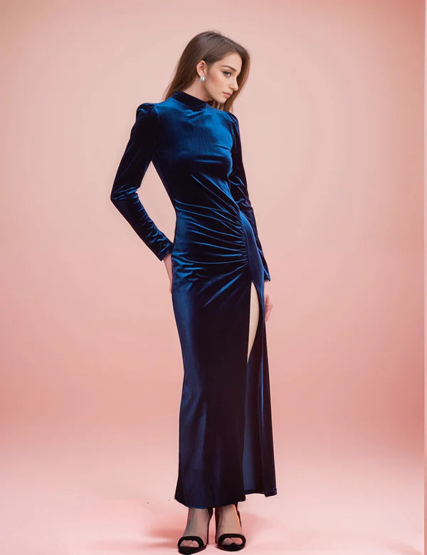 Long sleeves high Neck pencil skirt thigh slit Velvet Dress