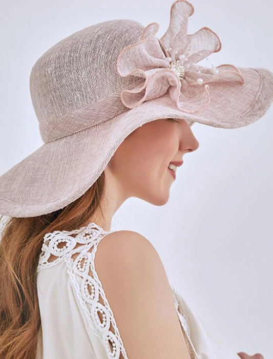 Headwear Tulle Imitation Pearl Bucket Hat Straw Hat Sun Hat Wedding Outdoor Melbourne Cup With Bowknot Imitation Pearl Headpiece Headwear