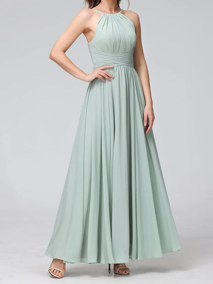 A Line Spaghetti Straps Halter Sleeveless Floor-Length Bridesmaid Dresses