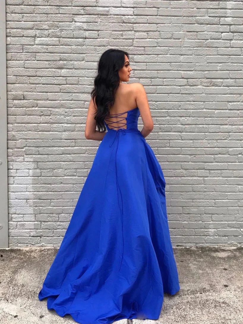 Simple Royal Blue Satin Long Homecoming Dress Evening Dress With Slit