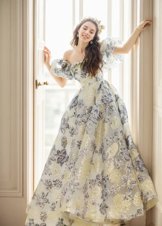 Elora - embroidery golden blue floral pattern off-the-shoulder Princess Prom Dress