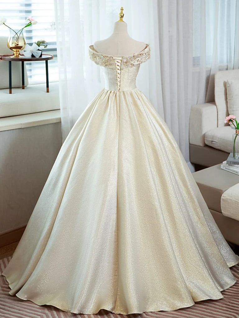 A-Line Satin Lace Off Shoulder Champagne Long Prom Dress Quinceanera Dress