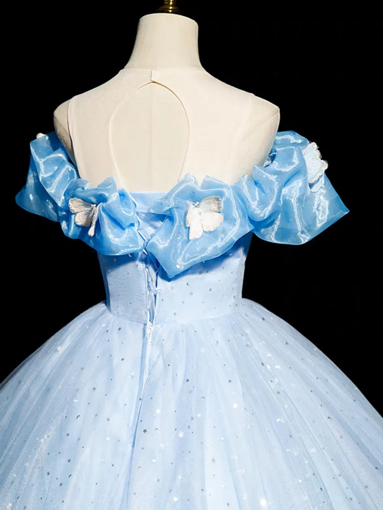 Glitter A-Line Off Shoulder Tulle Quinceanera Dress Blue Long Prom Dress