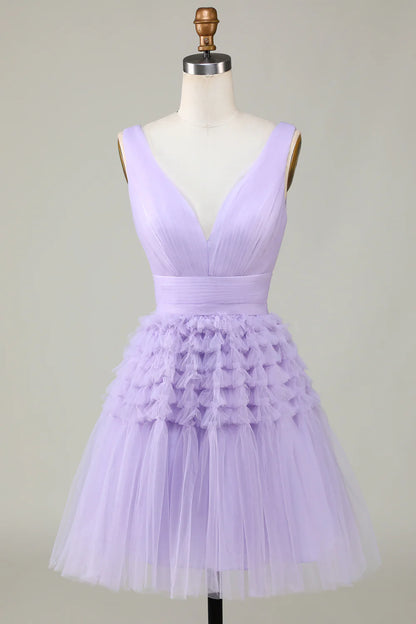 A-Line Tulle V-Neck Homecoming Dress With Open Back