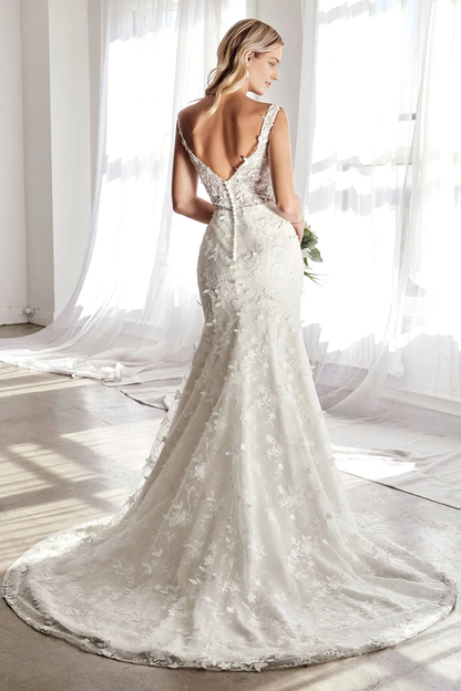 Stunning Wedding Dress Gown Sweep Train Dress with Deep Neckline Floral Accents