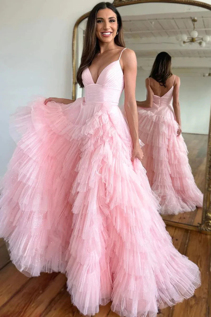 Cute A Line V Neck Sweetheart Pink Tulle Long Prom Dresses