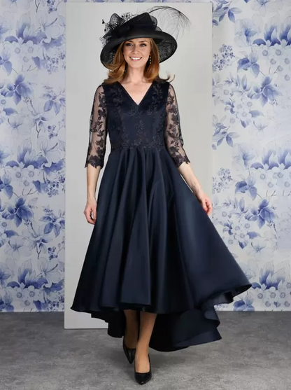 V-Neck 3/4 Length Sleeves A-Line Lace Tea-Length Wedding Guest Dresses Mother of the Bride Dresse