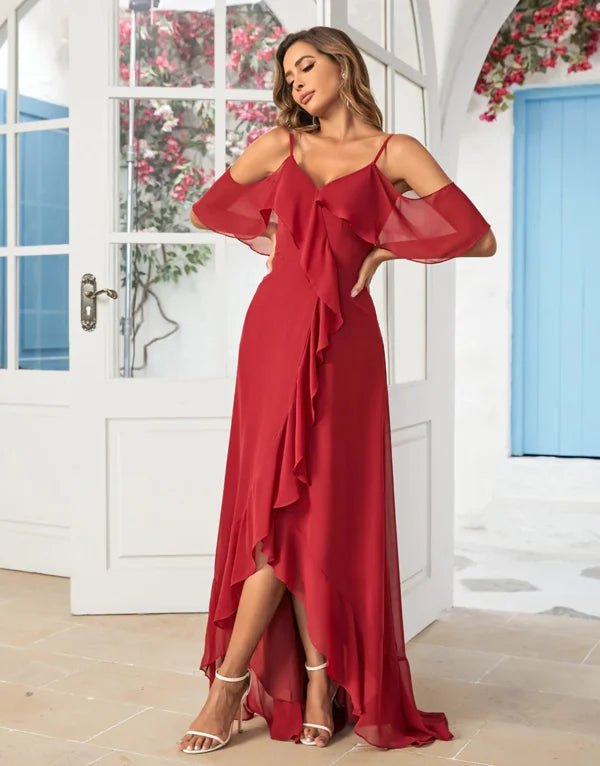 A Line Off the Shoulder Burgundy Long with Ruffles Bridesmaid Dress