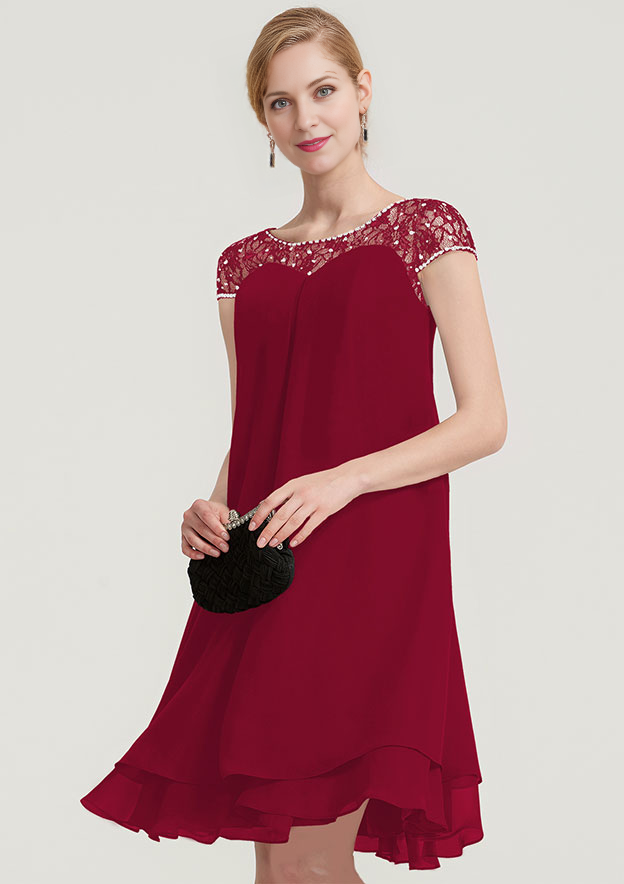 A-line/Princess Bateau Short Sleeve Knee-Length Chiffon Mother of the Bride Dress With Beading Ruffles