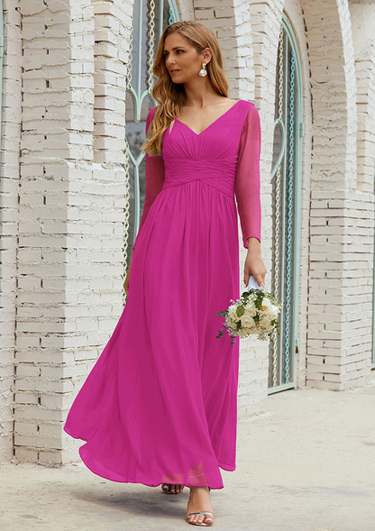 A-line V Neck Full/Long Sleeve Ankle-Length Chiffon Mother of the Bride Dress With Pleated