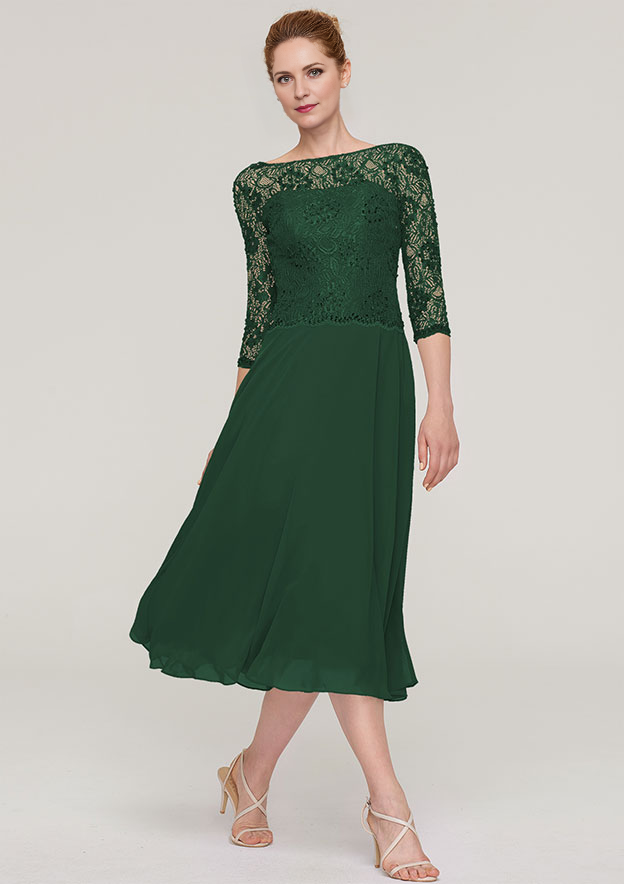 A-line/Princess Bateau 3/4 Sleeve Tea-Length Chiffon Mother of the Bride Dress With Beading Lace