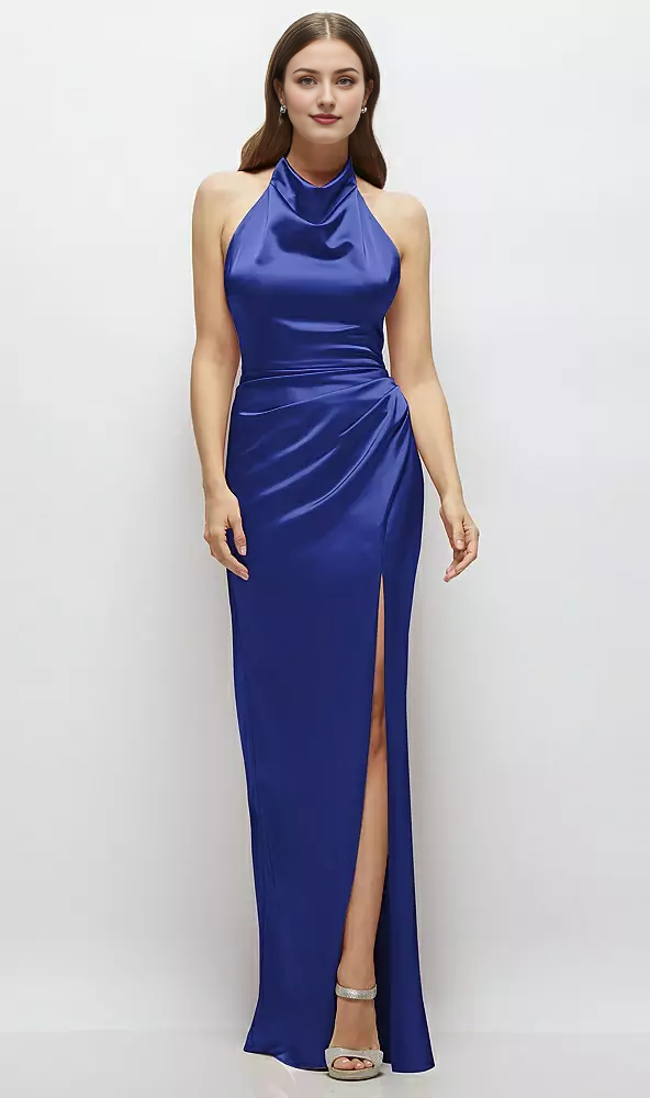 Cowl Halter Open-Back Satin Maxi Dress Long Bridesmaid Dresses Wedding Guest Dresses