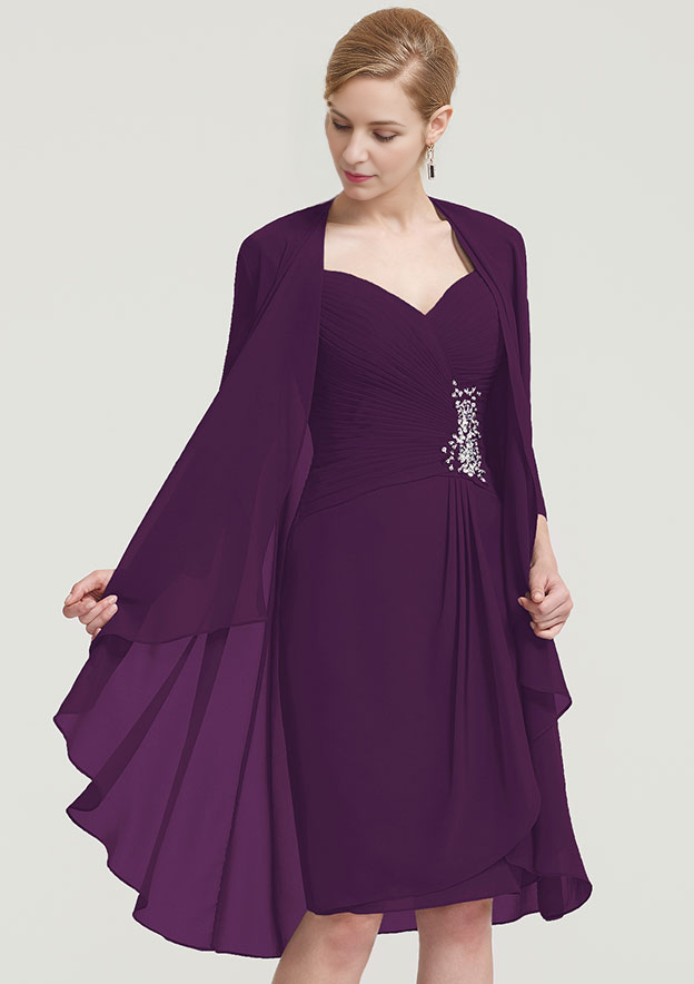 Sheath/Column Scalloped Neck 3/4 Sleeve Knee-Length Chiffon Mother of the Bride Dress With Pleated Beading Appliqued