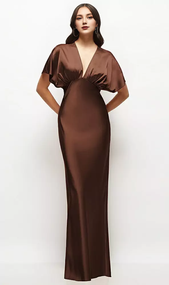 Plunge Neck Kimono Sleeve Satin Bias Maxi Dress Long Bridesmaid Dresses