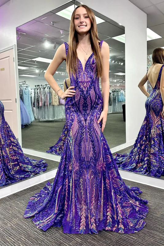 Grape V Neck Sequin Lace Mermaid Long Prom Dresses