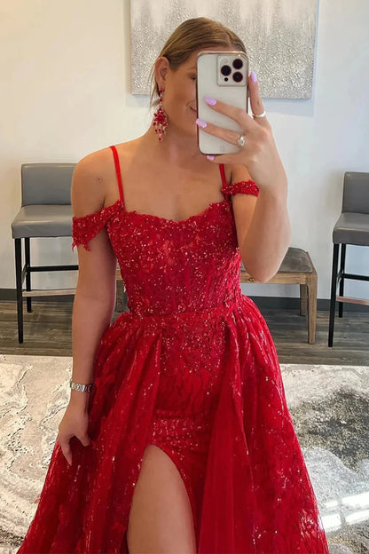 Red A-Line Off the Shoulder Sequin Lace Prom Dresses