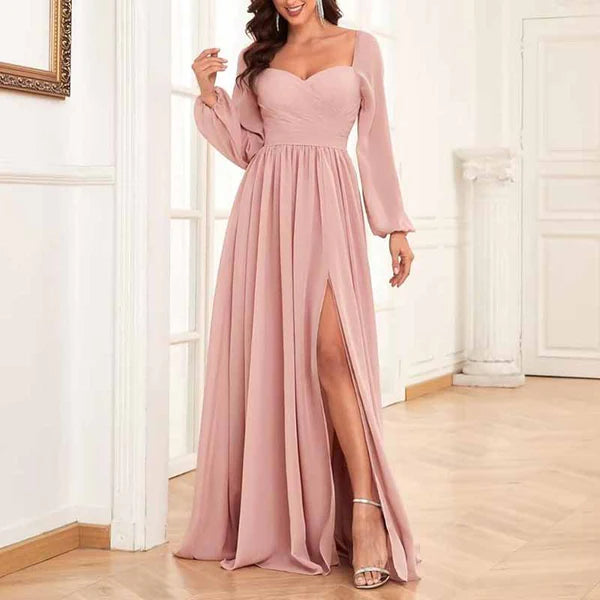 Long Sleeve Bridesmaid Dresses Pleated Chiffon Evening Dresses with Slit