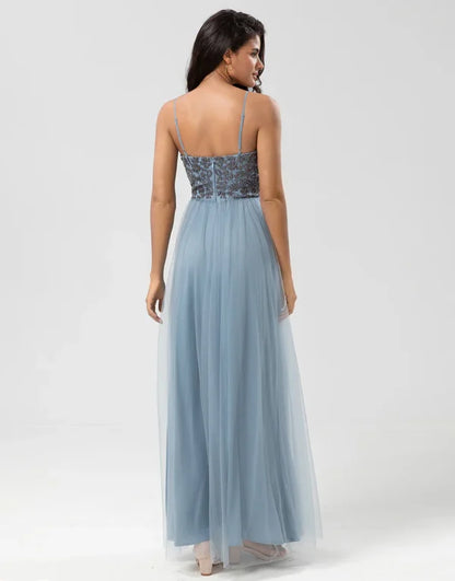 A Line Spaghetti Straps Dusty Blue Long with Beading Bridesmaid Dress