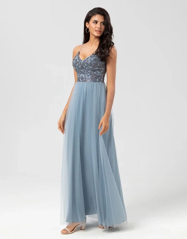 A Line Spaghetti Straps Dusty Blue Long with Beading Bridesmaid Dress