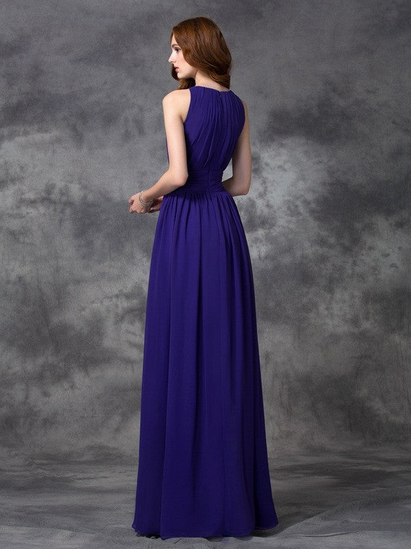 A-line/Princess Jewel Ruched Sleeveless Long Chiffon Bridesmaid Dresses