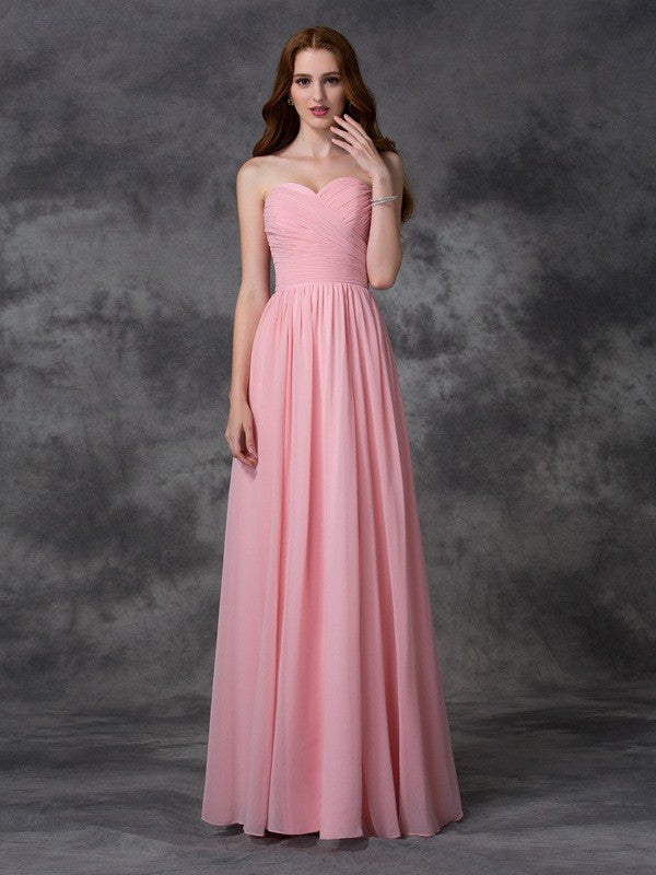 A-line/Princess Sleeveless Sweetheart Ruffles Long Chiffon Bridesmaid Dresses