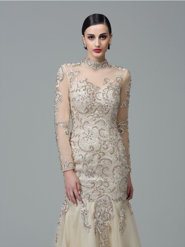 Sheath/Column High Neck Applique Long Sleeves Long Net Dresses