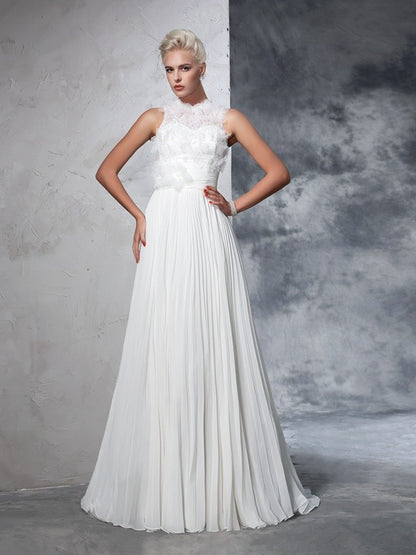 A-Line/Princess High Neck Pleats Sleeveless Long Chiffon Wedding Dresses