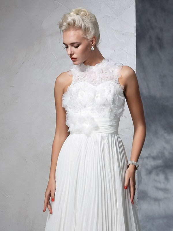 A-Line/Princess High Neck Pleats Sleeveless Long Chiffon Wedding Dresses