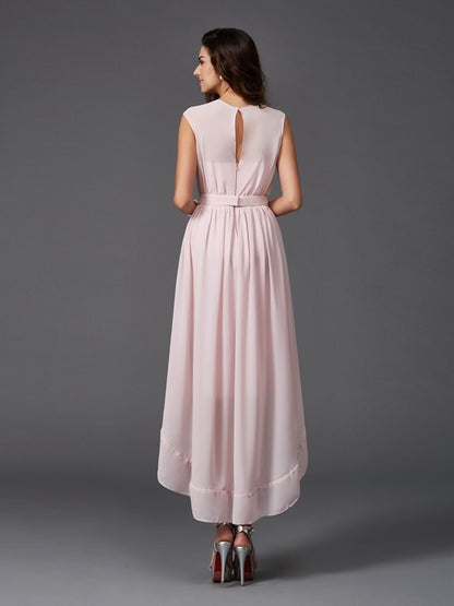 A-Line/Princess Scoop Sash/Ribbon/Belt Sleeveless High Low Chiffon Bridesmaid Dresses