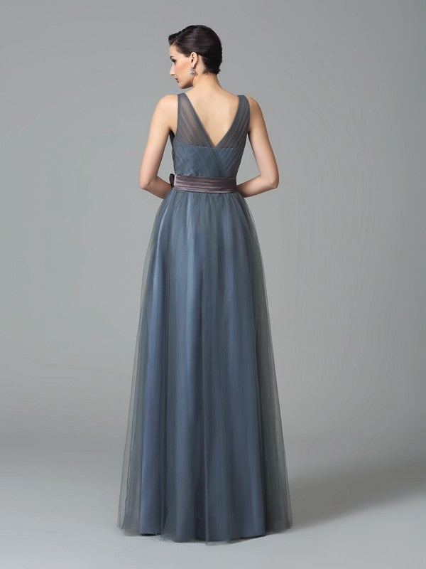 A-Line/Princess Straps Sash/Ribbon/Belt Sleeveless Long Net Bridesmaid Dresses