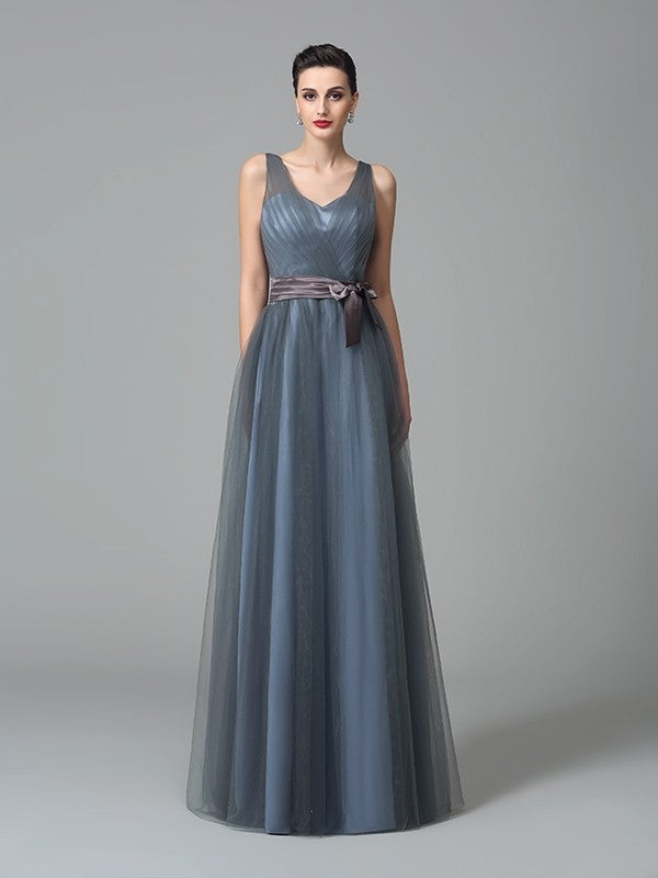 A-Line/Princess Straps Sash/Ribbon/Belt Sleeveless Long Net Bridesmaid Dresses