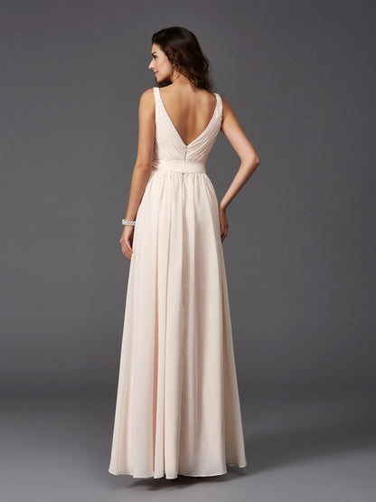 A-Line/Princess Straps Sash/Ribbon/Belt Sleeveless Long Chiffon Bridesmaid Dresses