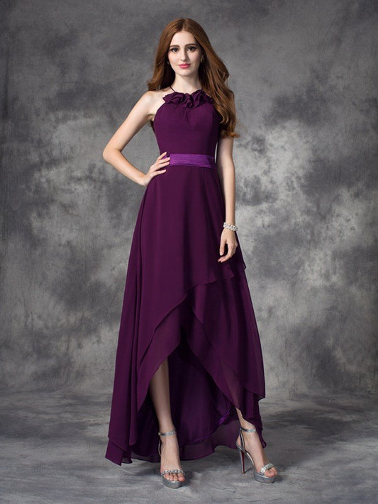 A-line/Princess Halter Ruffles Sleeveless High Low Chiffon Bridesmaid Dresses