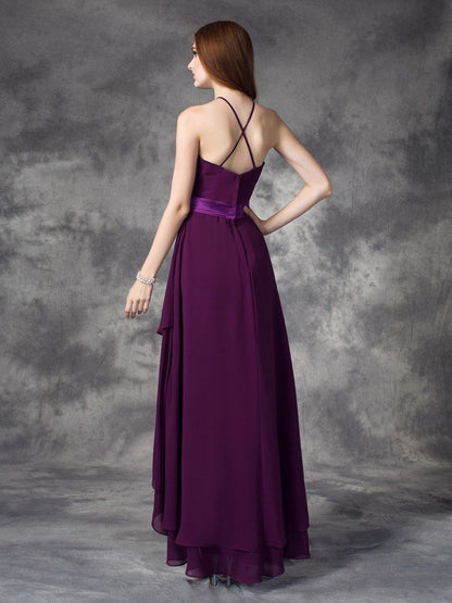 A-line/Princess Halter Ruffles Sleeveless High Low Chiffon Bridesmaid Dresses