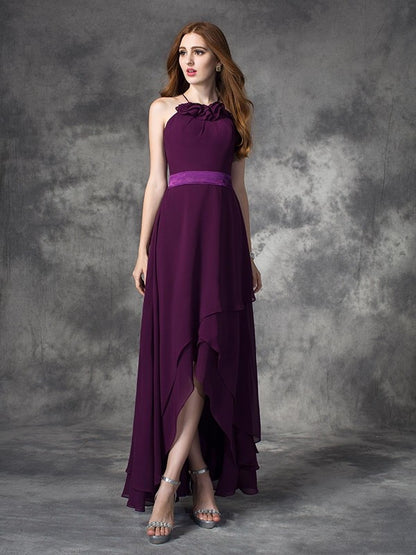 A-line/Princess Halter Ruffles Sleeveless High Low Chiffon Bridesmaid Dresses