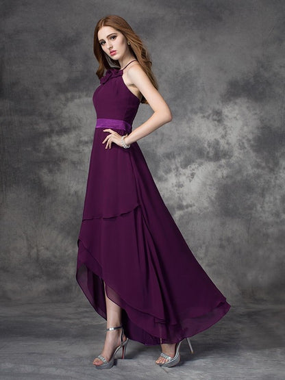 A-line/Princess Halter Ruffles Sleeveless High Low Chiffon Bridesmaid Dresses