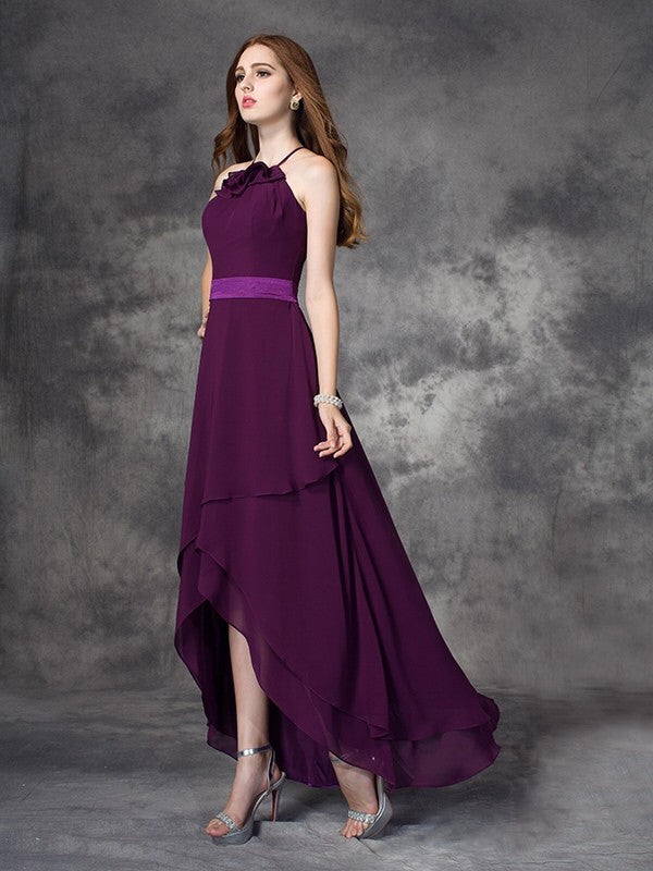 A-line/Princess Halter Ruffles Sleeveless High Low Chiffon Bridesmaid Dresses