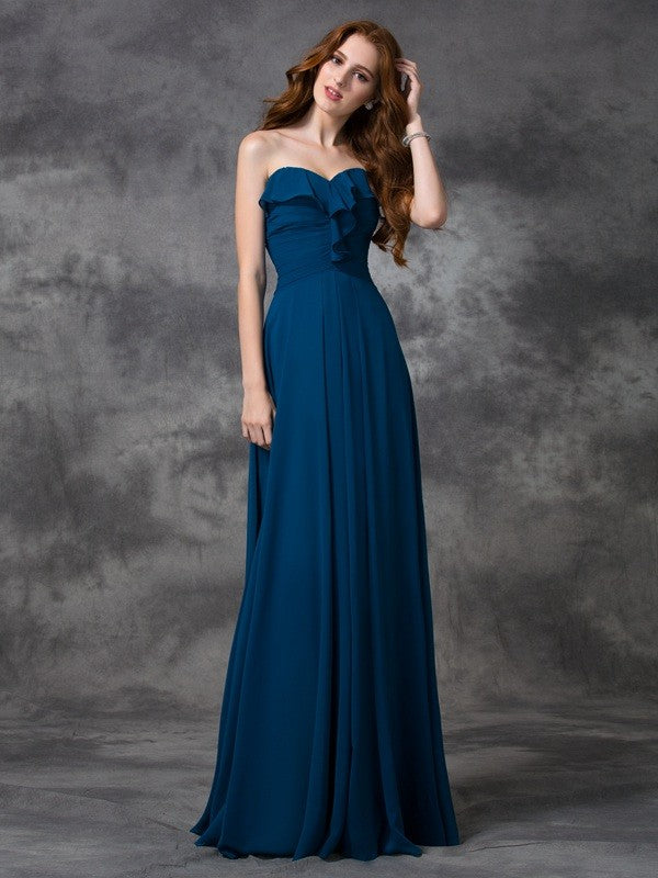 A-line/Princess Sweetheart Ruffles Sleeveless Long Chiffon Bridesmaid Dresses