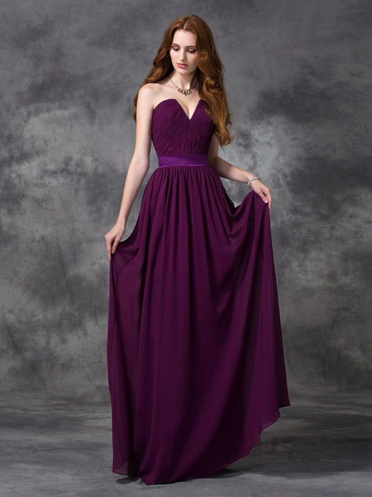 A-line/Princess Sweetheart Ruched Sleeveless Long Chiffon Bridesmaid Dresses