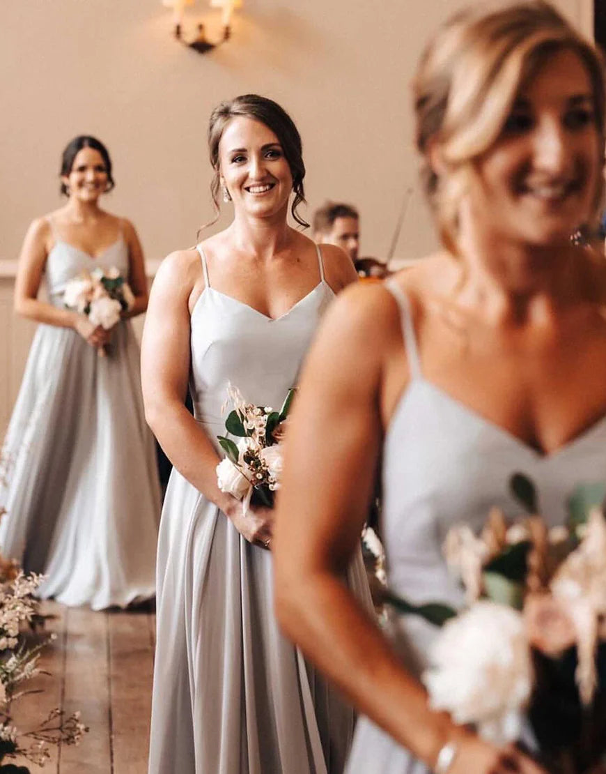 Dusty Blue Long Chiffon Floor-length Bridesmaid Dress