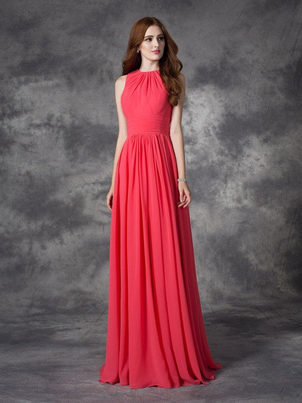 A-line/Princess Jewel Ruffles Sleeveless Long Chiffon Bridesmaid Dresses