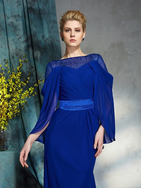 Sheath/Column Bateau Long Sleeves Long Chiffon Dresses